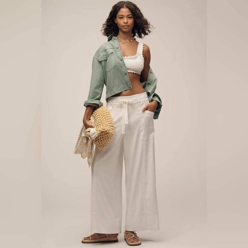 NWT! Anthropologie Maeve White Linen Blend Pull-On Wide-Leg Pants 🏆